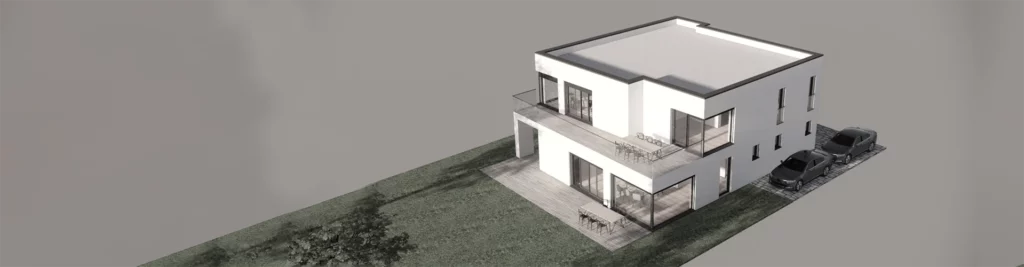 3D-Darstellung eines Fertigteilhaus-Projekt der Gössler Konzept GmbH